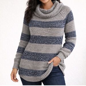 Y2K Gray and Blue Striped Cowl Neck Sweater